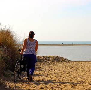 Ankunft mit dem Fahrrad am Strand in der Camargue